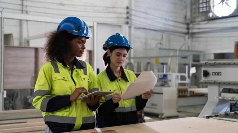 Two women in hardhats reading paperwork