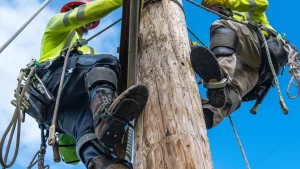 Two men climbing utility pole.